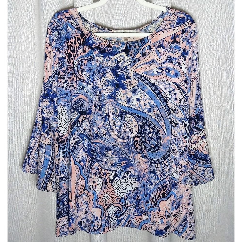 1X Abstract Paisley Blue Peach Bell Sleeve Boho 70s Retro Work-to-Weekend Top